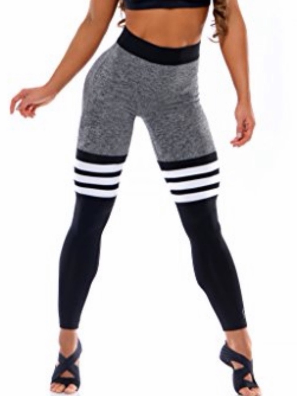 Bombshell Sportswear Gray & Black Colorblock Leggings with White Stripes